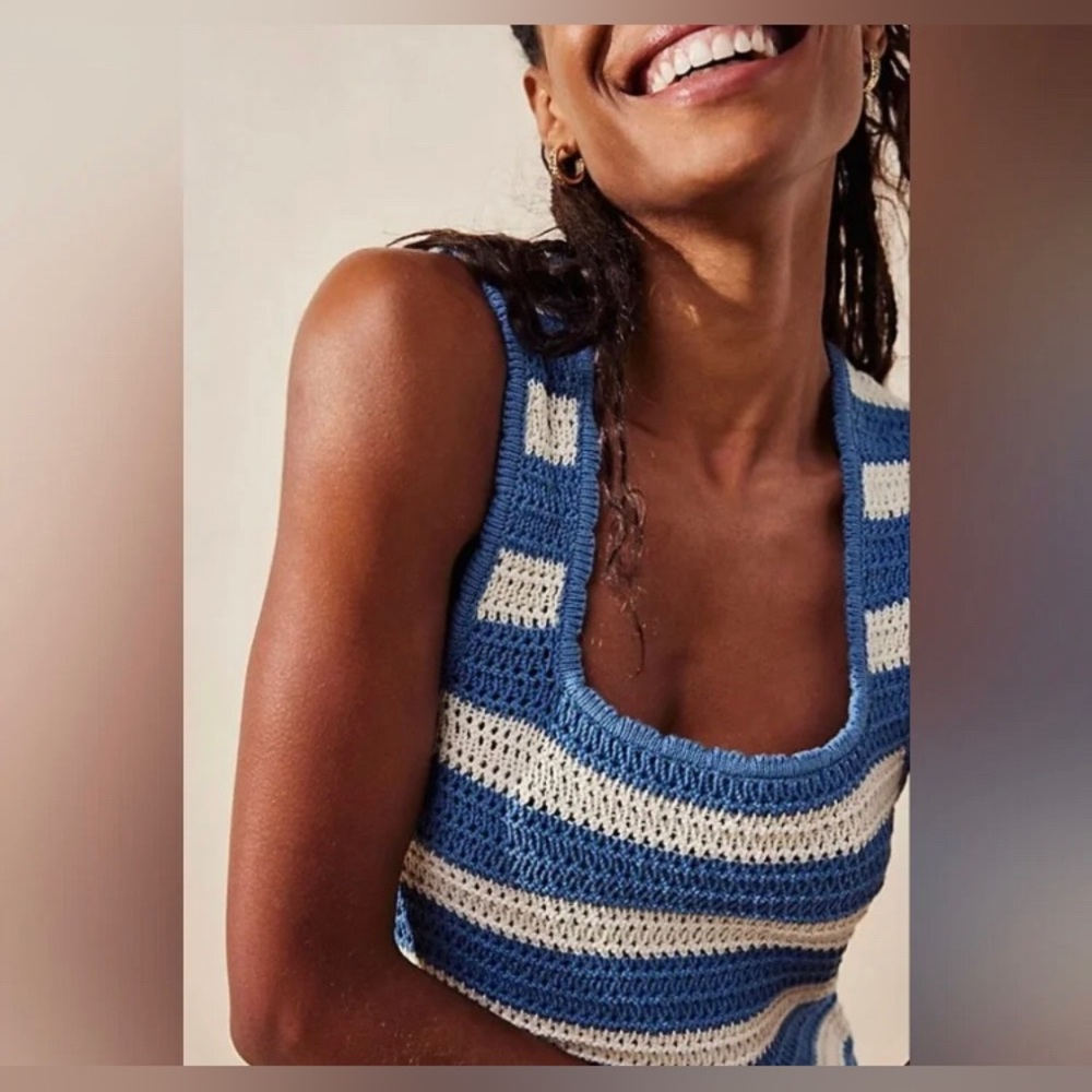Free People Beach Cotton Blend Striped Knit Tank Dress Blue & Cream Large - Picture 2 of 10